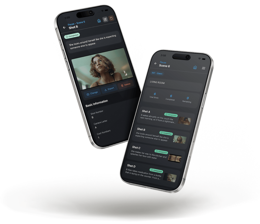 Side-by-side screenshots of CineLog Pro showing shot list and scene overview.