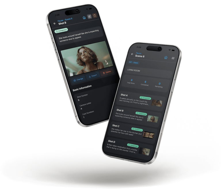 Side-by-side screenshots of CineLog Pro showing shot list and scene overview.