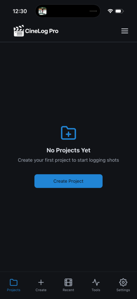 CineLog Pro creating a new Project