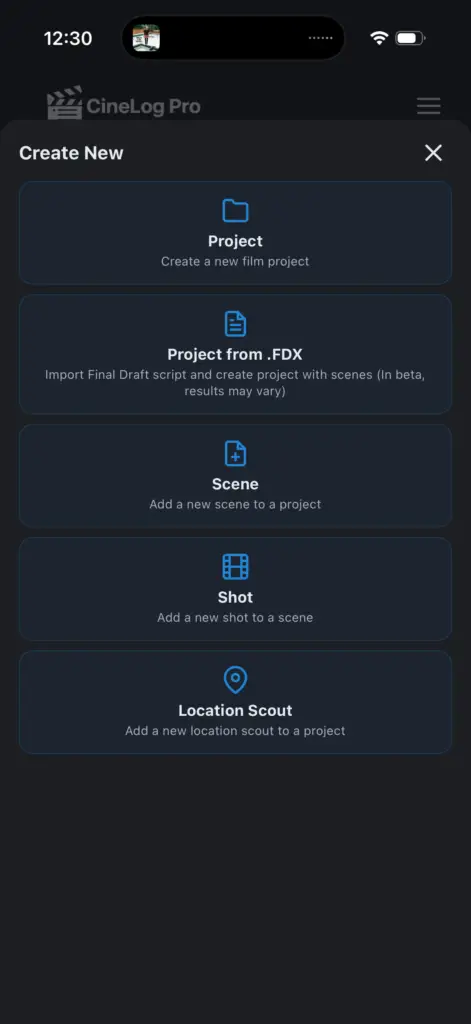 CineLog Pro creating a new Project