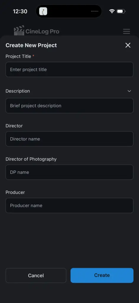 CineLog Pro creating a new Project