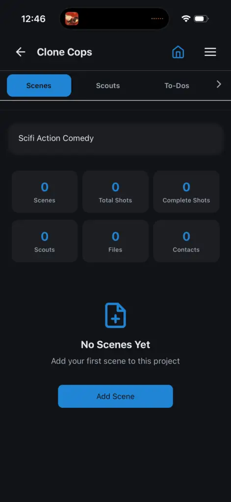 CineLog Pro creating a new Scene