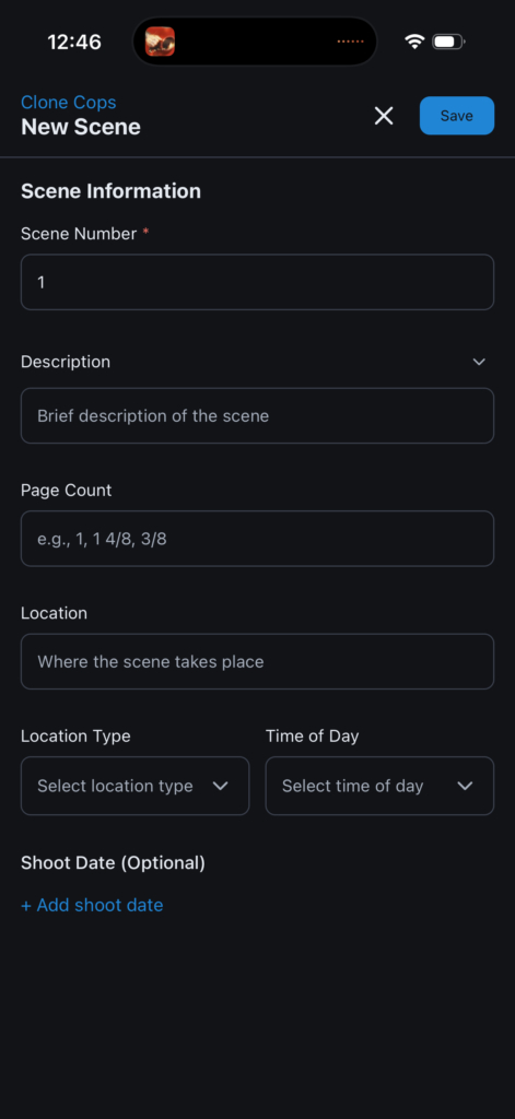 CineLog Pro creating a new Scene