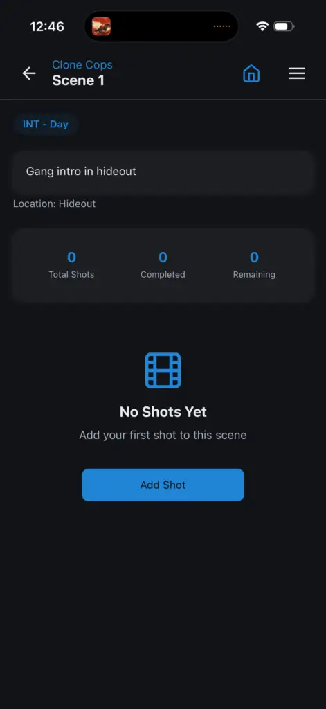 CineLog Pro creating a new Scene