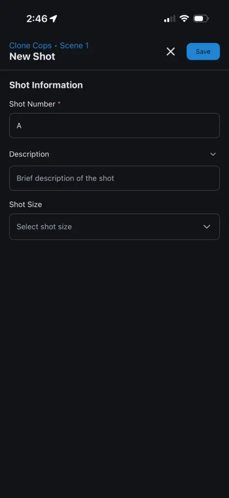 CineLog Pro create a new shot