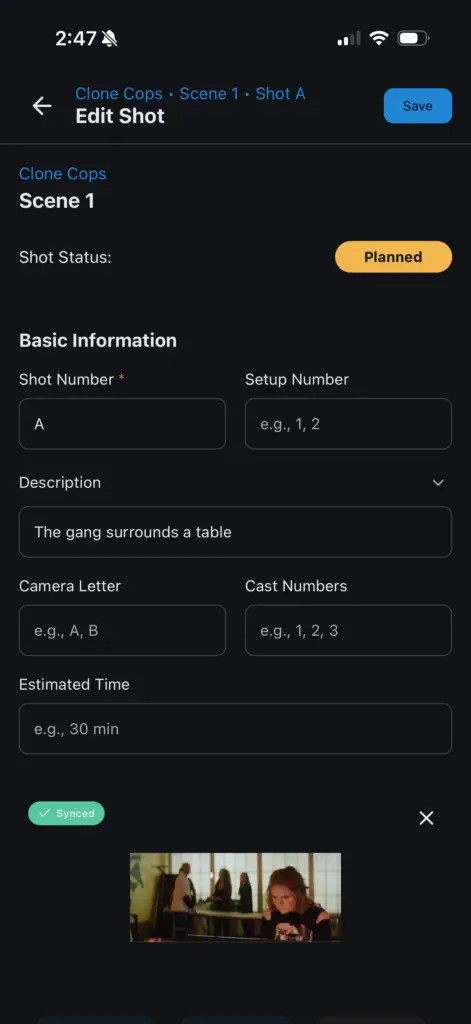 CineLog Pro creating a new shot
