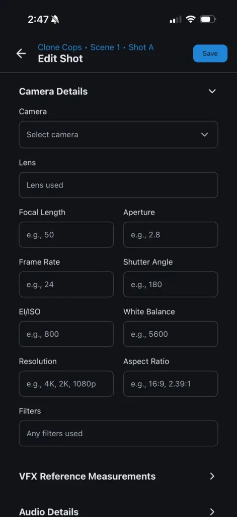 CineLog Pro creating a new shot