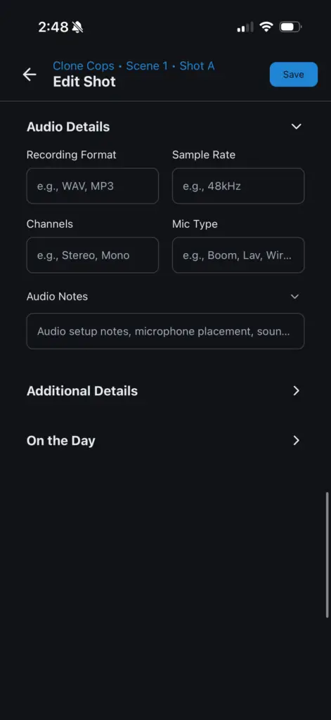 CineLog Pro creating a new shot