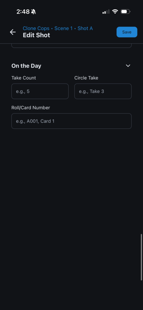 CineLog Pro creating a new shot