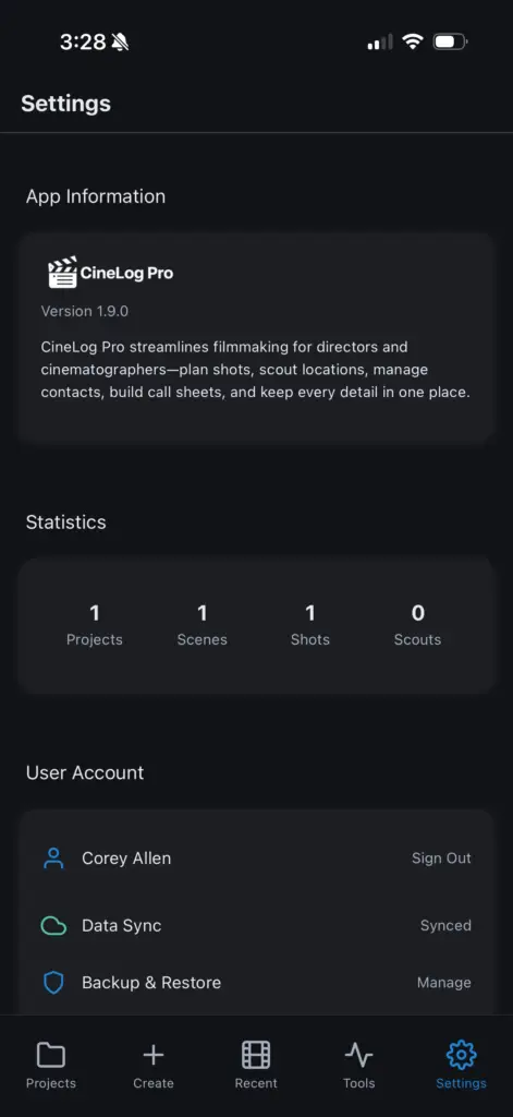 CineLog Pro settings screen