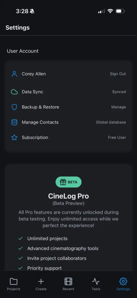 CineLog Pro user settings