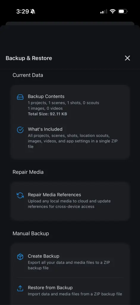 CineLog Pro user account settings