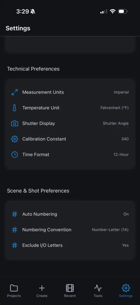CineLog Pro user settings