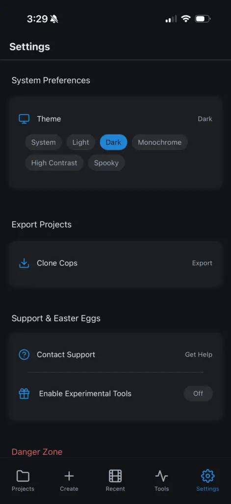 CineLog Pro user settings