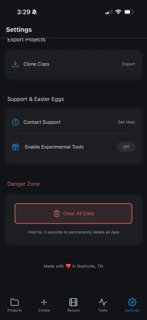 CineLog Pro user settings