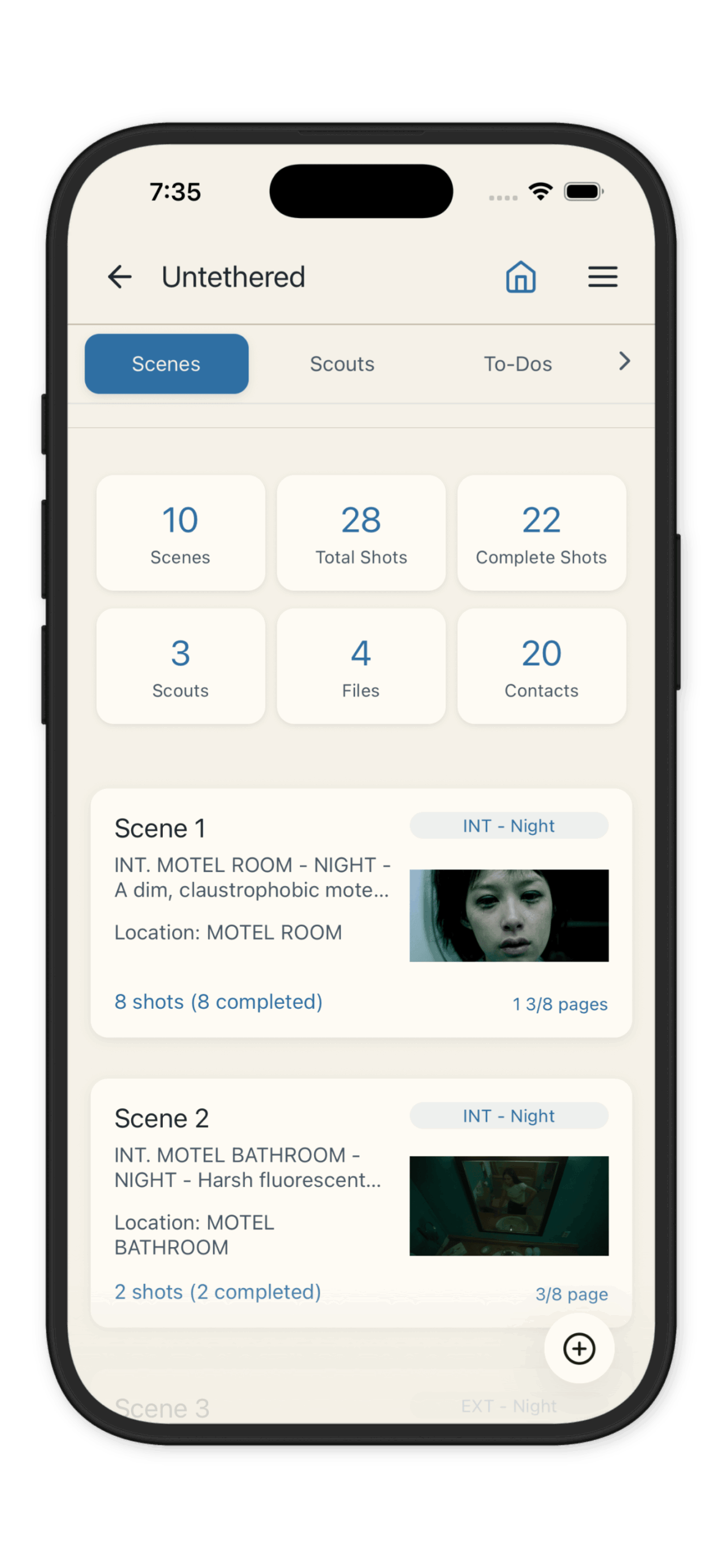 Shot list and project management view inside the CineLog Pro filmmaking app.