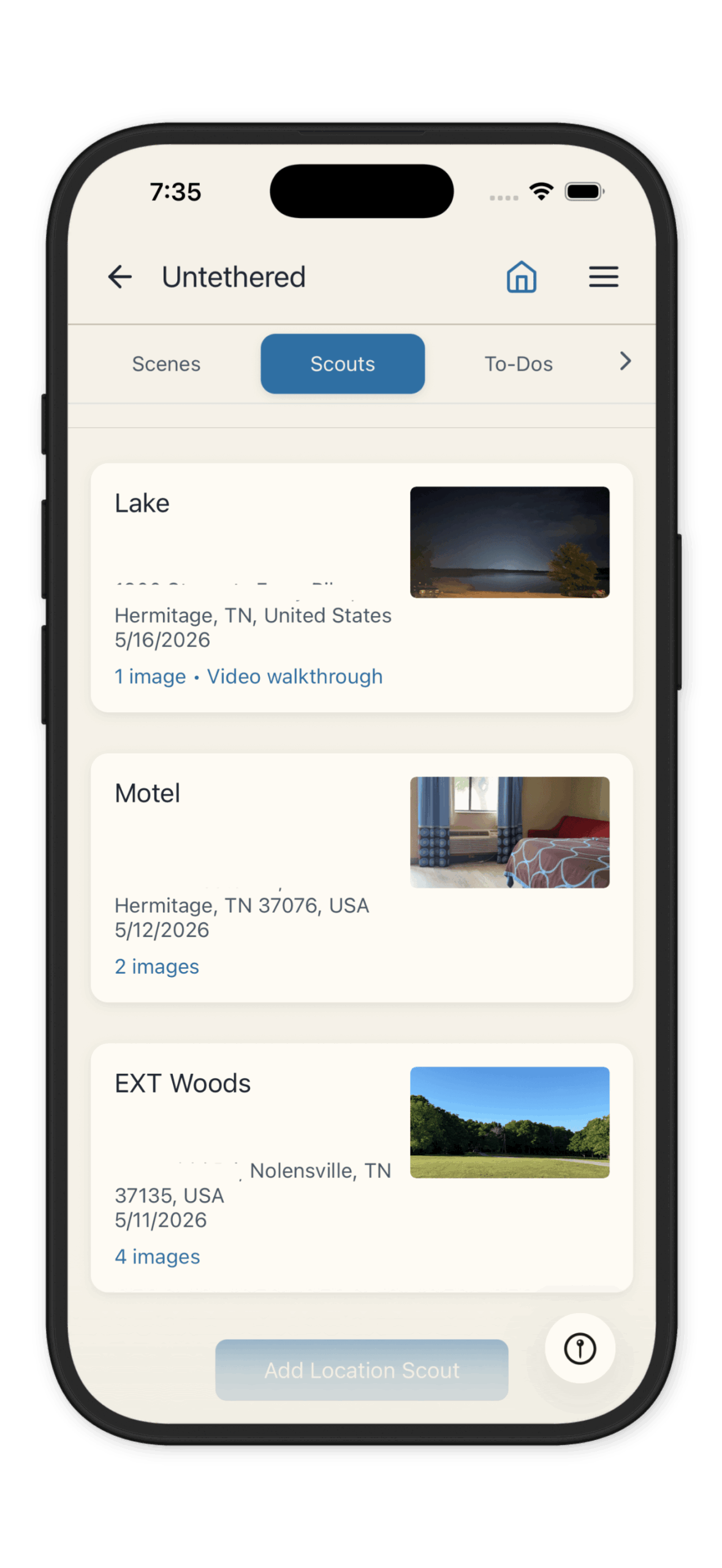 Mobile app screen showing the CineLog Pro app with the Scouts tab active and three location cards (Lake, Motel, EXT Woods) each with a thumbnail image and date/info text.