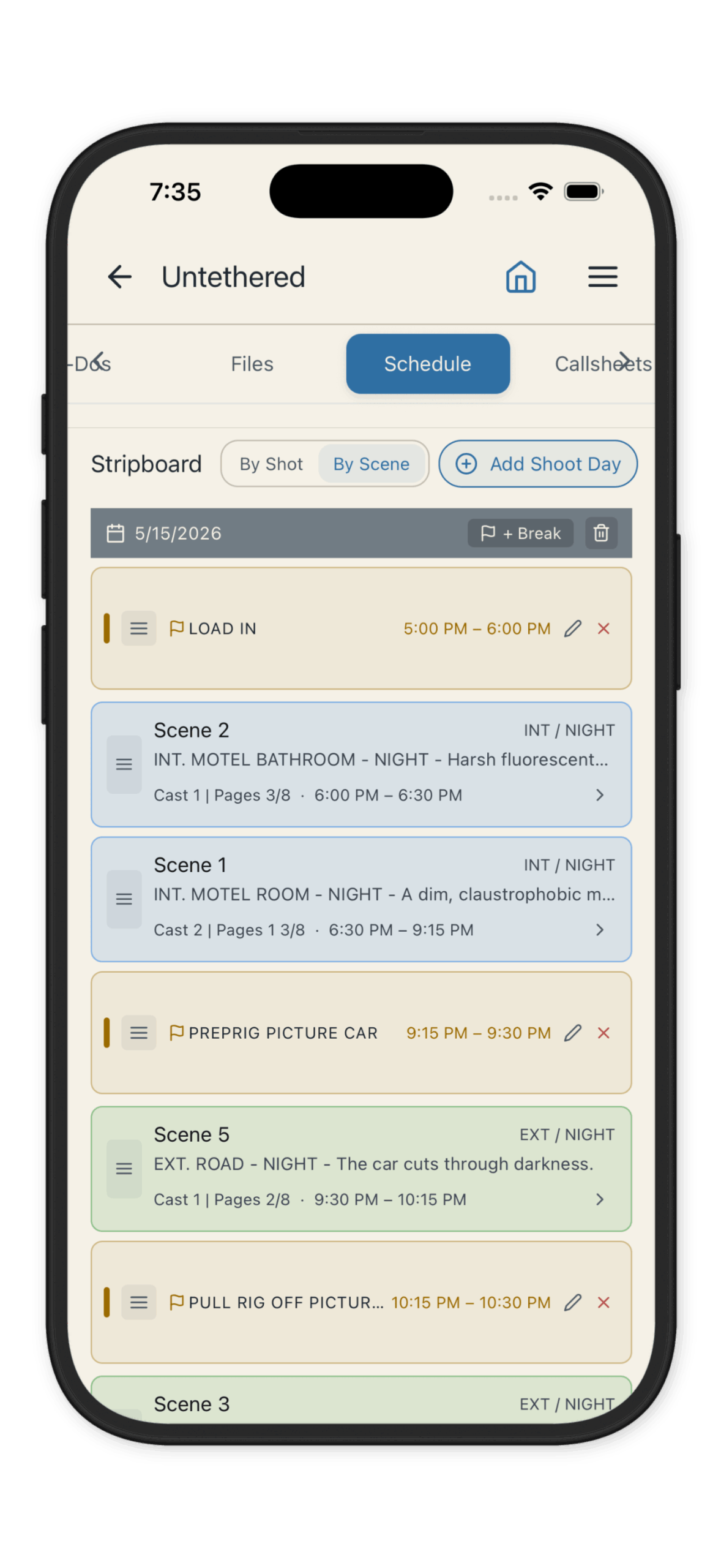 App screen for film shoot schedule: Untethered, Schedule tab active, with By Shot/By Scene filters and a list of scenes like LOAD IN and Scene 2 with times and details.