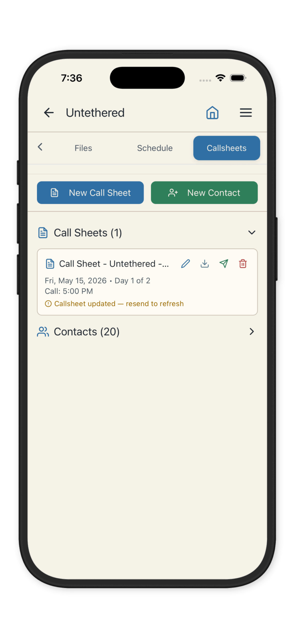 CineLog Pro app home screen showing the Callsheets tab, with blue 'New Call Sheet' and green 'New Contact' buttons and a list item for a call sheet.