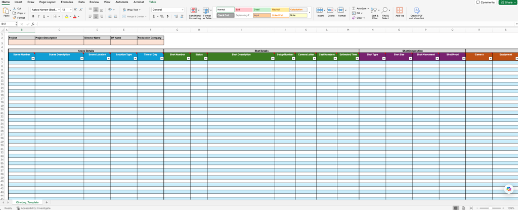 Screenshot of Excel shot list template
