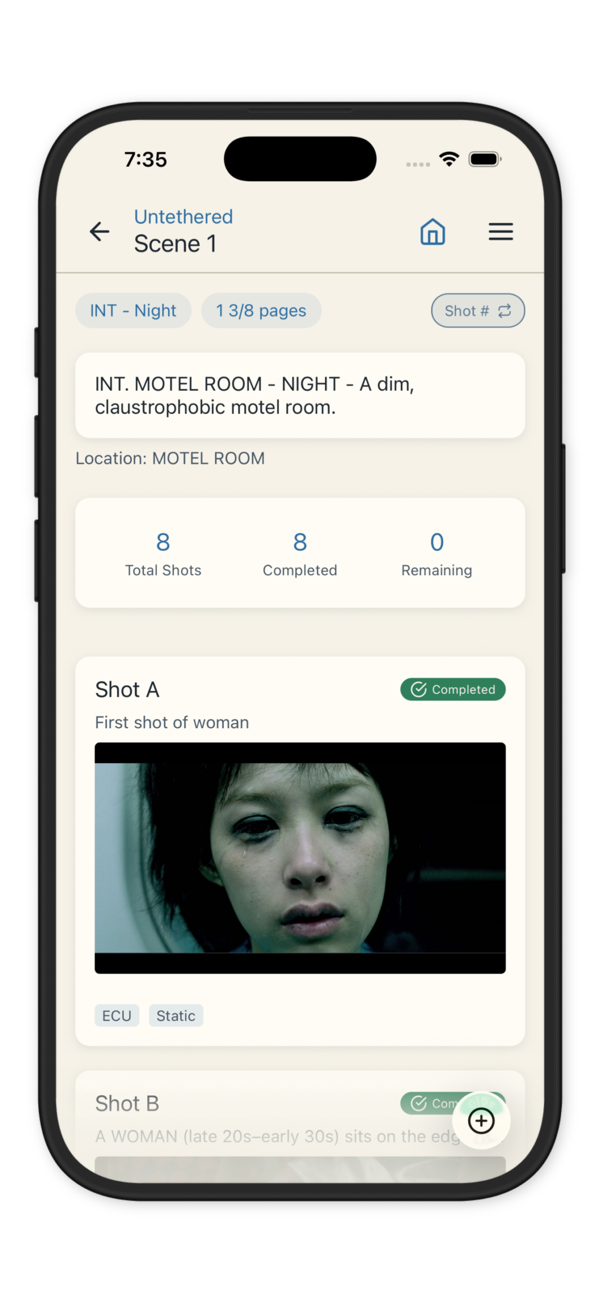 Screenshot of shot list inside of CineLog Pro